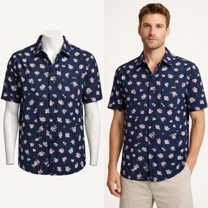 Vince Navy Floral Short Sleeve Button Up Shirt | Classic Fit | L